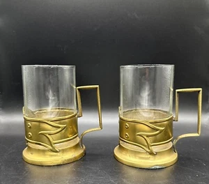 2 Antique Warszawa Norblin Galw Tea/Coffee Glasses +Brass Holders Poland/Russian - Picture 1 of 24