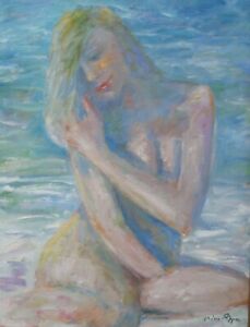 Peinture scène de plage nue artiste américain Nino Pippa bien répertoriée COA 14" X 18" 