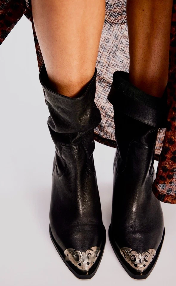 Bota de filigrana Free People Faster Horses punta de peltre cuero negro 38/8 NUEVA Foto 1 de 4