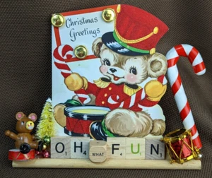 Scrabble Tiles on Rack OH WHAT FUN Vintage Bear, Mercury Beads, Candy Cane, Card - Picture 1 of 11