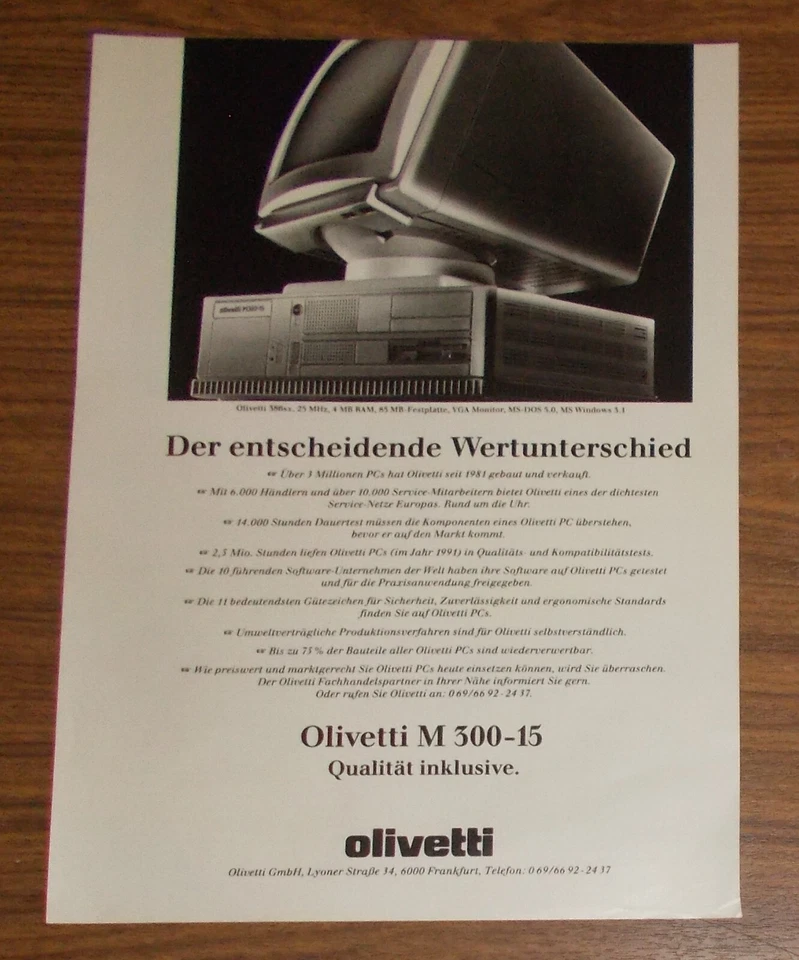 Seltene Werbung OLIVETTI M300-15 Personal Computer PC - Der Wertunterschied 1991 - Image 1 of 1