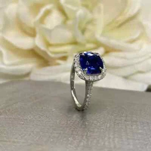 4.40 CT Blue Sapphire Cushion Cut Lab Grown Diamond Wedding Ring 950 Platinum - Picture 1 of 13