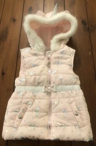 Little Lass Pink Shiny Silver Unicorn Puffer Vest Faux Fur Hoodie Zip Size 5 - Picture 1 of 15