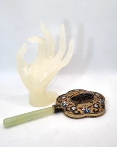CHINESE MIROR JADE HANDLE ENAMEL VINTAGE - Foto 1 di 11