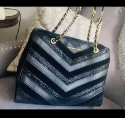 Classy Michael Kors Black Leather Purse W/ Gold Chain Straps - Image 1 of 4