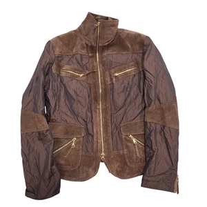 Chaqueta de cuero de gamuza Biba para mujer mediana marrón bloques de color manga larga cremallera completa - Imagen 1 de 4