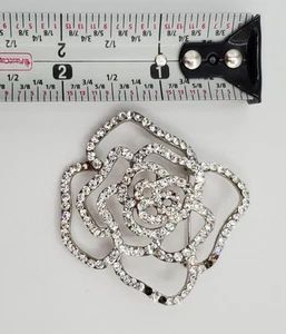 VTG Rose Brooch 2in Silver Tone Brilliant Crystal Openwork Floral Estate FLAW - Picture 1 of 13