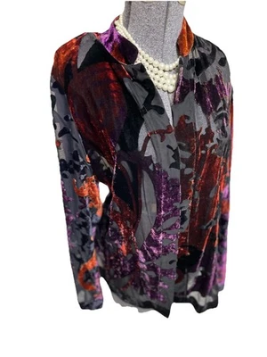 Chicos Size 16 Cardigan Halloween Open Front Orange Purple Blk Partially Sheer - Image 1 of 4