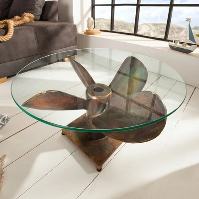 Maritimer Couchtisch OCEAN M - 60cm - kupfer geflammt - rund mit Glasplatte - Bild 1 von 4