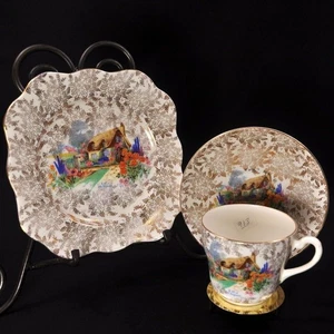 Colclough Cup Saucer Plate Trio Ivory Gold "A Bit of Old England" 1945-1948 HTF - Picture 1 of 12