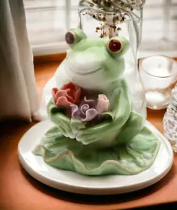 Ceramic Frog With Flowers Figurine, Home Décor, Gift for Her, Mom, Spring Décor, - Picture 1 of 3