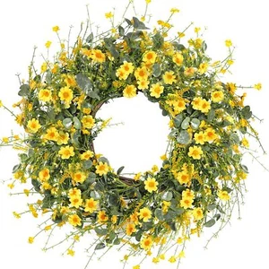 Yellow Daisy Wreath 24 Inch Spring Summer Wreath Fake Silk Floral Wreat - Picture 1 of 6