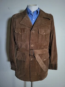 Vintage 40 Mens SEARS Norfolk Belted brown Leather Suede Belted Jacket Coat - Picture 1 of 8