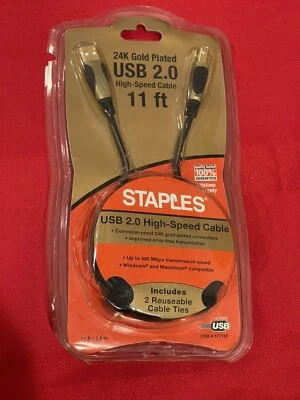 NEW Staples USB 2.0 High Speed Cable 11 ft. 24K Gold Plated -J - Image 1 of 4