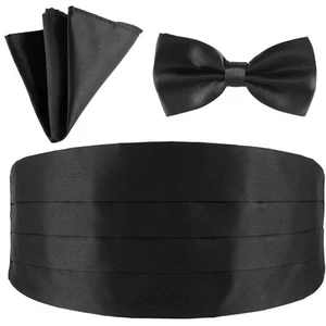 Men's Cummerbund Bow Tie Set Solid Black Tuxedo Pocket Square Adjustable - Picture 1 of 8