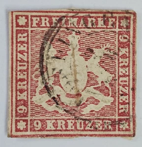 GERMANY WURTEMBURG SCARCE 1857 9k Carmine Used. €100. Mi9a - Picture 1 of 2