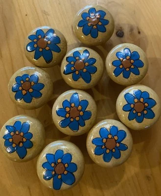 10  Wood drawer pulls/knobs hand painted Turquoise & Orange 1”NOS - Image 1 of 3