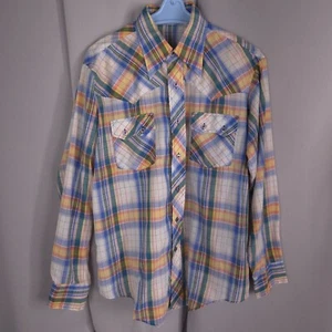Mens Western Shirt Large Madras Plaid Long Point Collar Sawtooth Pocket Yoke - Picture 1 of 12