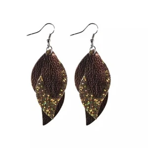 Brown with Gold Highlights, Three Layered faux Leather Boho, Leaf Earrings - Picture 1 of 1
