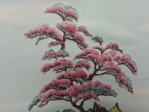 Vintage Pink Mimosa Tree Japanese Art Watercolor Painting Fabric Bonsai Japan - Picture 1 of 12