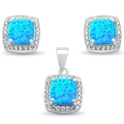 Cushion Cut Blue Opal & Cz Earring & Pendant .925 Sterling Silver Set - Image 1 of 2