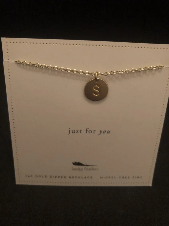 Lucky Feather Necklace Initial “S” Just For You 14k Gold Dipped Adjustable  - Image 1 of 1