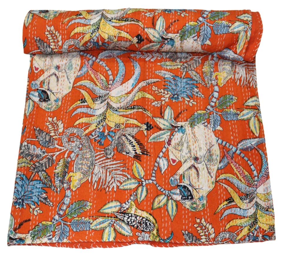 Indian Handwoven Monkey Print Cotton Kantha Quilt , Bedspread , Throw Blanket - Image 1 of 1