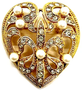 Großes Herz Vintage goldfarbene Brosche/Pin Fleur-de-Lis, Perlen & Strasssteine - Bild 1 von 4