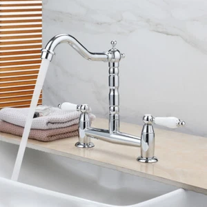 Chrome 3pcs 2 Knob Deck Mount Spout Faucet Bathroom Bathtub Basin Sink Mixer Tap - Picture 1 of 12