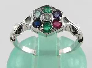 9CT 9K WHITE GOLD DEAREST CLUSTER ART DECO VINTAGE INS RING FREE RESIZE - Picture 1 of 6