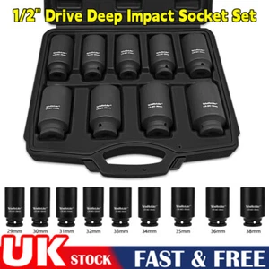 1/2" Drive 6 Point Axle Nut Hub Air Impact Deep Socket Set 9Pcs Metric 29-38mm - Picture 1 of 11