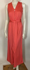 1970s Vintage Nylon Coral Button Front Wide Flare Leg Palazzo Pant Jumpsuit S - Picture 1 of 12
