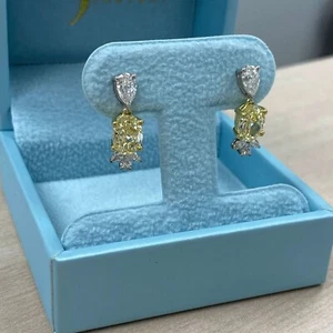 IGI 3.50 TCW Fancy Yellow Oval Lab Grown Diamond Dangle Earrings 14k White Gold - Picture 1 of 12