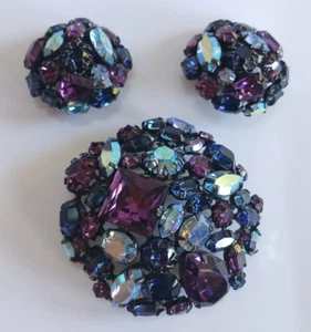 SCHREINER SIGNED VINTAGE PURPLE BLUE FACETED GLASS RHINESTONE PIN AND EARRINGS - Picture 1 of 5
