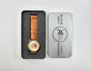Vintage 1920 WHEAT PENNY U.S. Coin Watch by AUGUST STEINER Leather Strap Tin Box - Picture 1 of 13