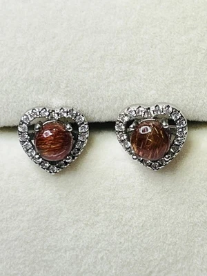 Aretes con corazón de cuarzo rutilo o dorado natural de plata de ley 925 Foto 1 de 4