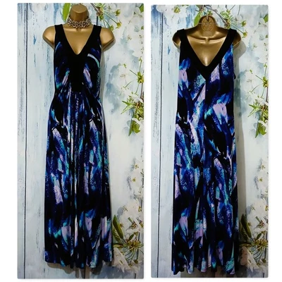 Roman Curve Blue Black Aqua V Neck Stretch Maxi Dress Size 22  Party Occasion - Image 1 of 4
