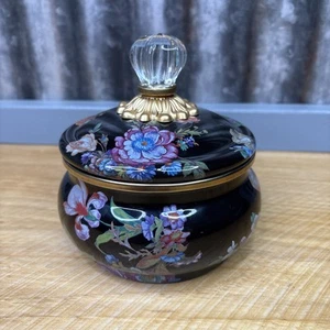 MacKenzie Childs Flower Market Black Enamel Squashed Pot Canister Glass Knob New - Picture 1 of 6
