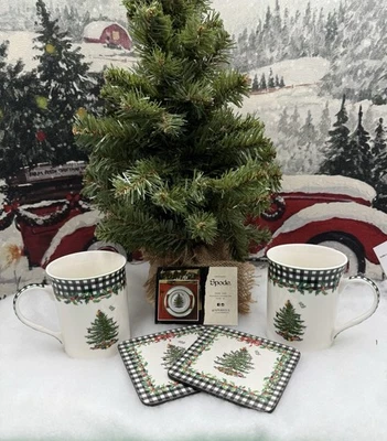 Spode Christmas Tree 5-Piece Mug & Tin Gift Set-Fine China Mugs & Cork Coasters - Image 1 of 4