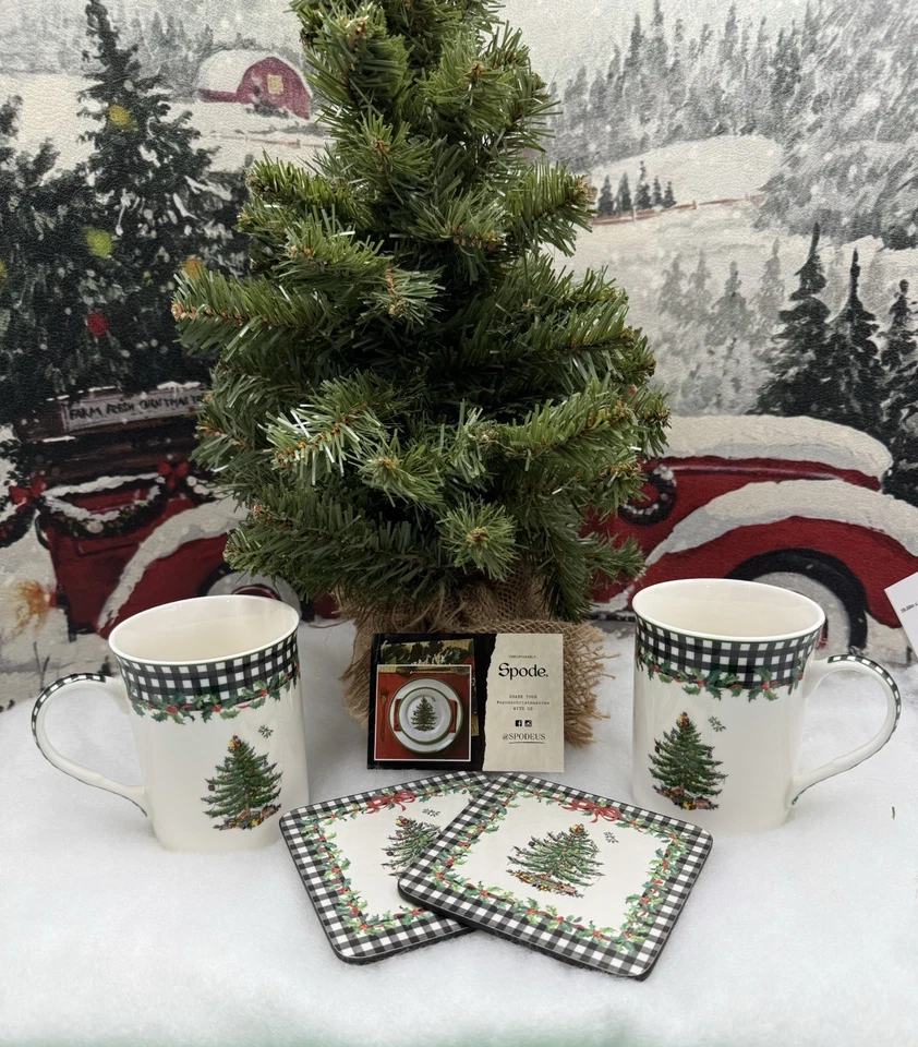 Spode Christmas Tree 5-Piece Mug & Tin Gift Set-Fine China Mugs & Cork Coasters - Image 1 of 4