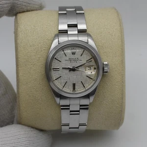 Rolex Oyster Perpetual Date 26mm Steel Silver Linen Dial Ladies Watch 6916 - Picture 1 of 7