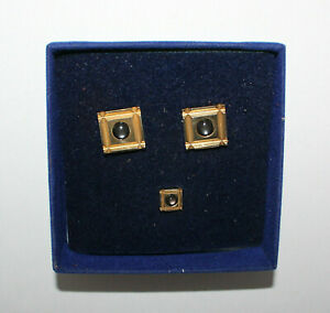 Vintage Gold Tone Square GREY MOONSTONE Cufflinks and Tie Tack Set NOS
