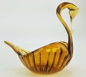 Vintage Amber Hand Blown Glass Swan Candy or Trinket Bowl  6" - Picture 1 of 12