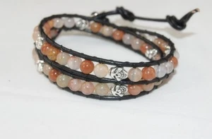 NEW Light Pink Agate Double Wrap Leather Bracelet With Silver Skull Spacers HOT - Picture 1 of 2