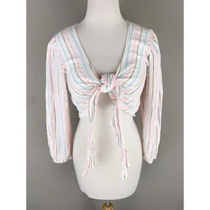 American Eagle Crop Tie Front Long Sleeve Stripe Linen Blend Top Small - Picture 1 of 4