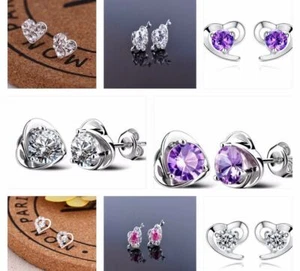 Women/Girls Silver Plated Stud Earrings Heart Crystal Wedding Stud Earrings UK - Picture 1 of 19