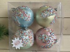 (4) Sprinkles Icing Green Pink Blue Yellow Glitter Ball Christmas Ornament 3.75”