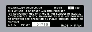 SUZUKI PE400 HEADTUBE TAG / REPRO DECAL - Picture 1 of 2