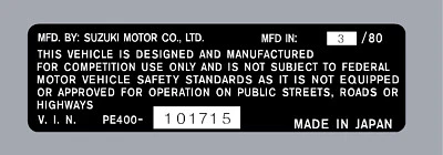 SUZUKI PE400  HEADTUBE TAG  / REPRO DECAL - Imagem 1 de 2