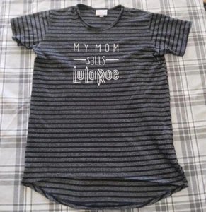 LuLaroe Girls Dark Gray Black Striped Short Sleeve T-Shirt My Mom Sells Size 12 - Picture 1 of 5